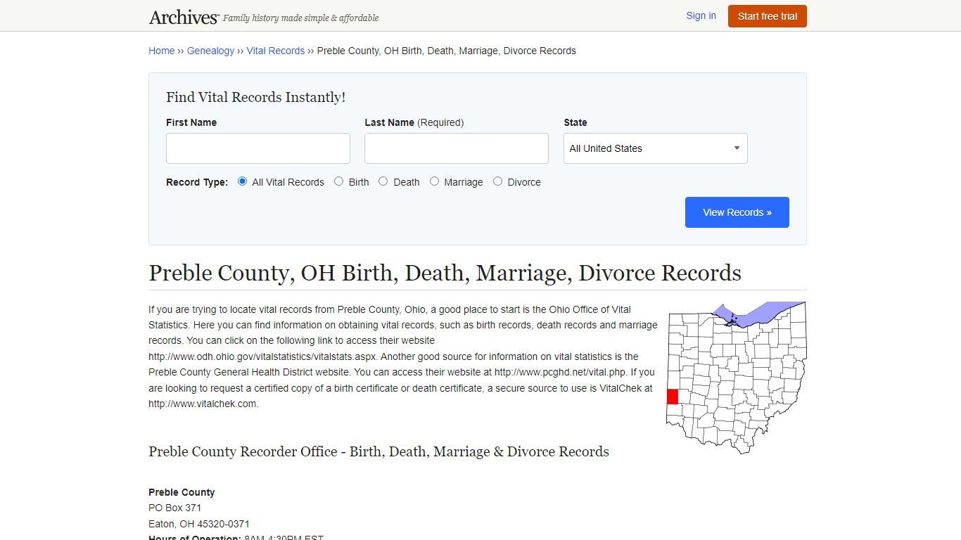 Preble County, OH Birth, Death, Marriage, Divorce Records